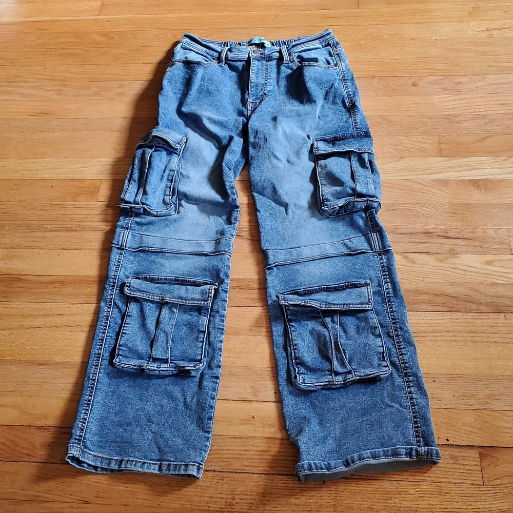 Love Trends Womens Wide Leg Cargo Jeans Medium Wash Utility Denim PantsSize XL